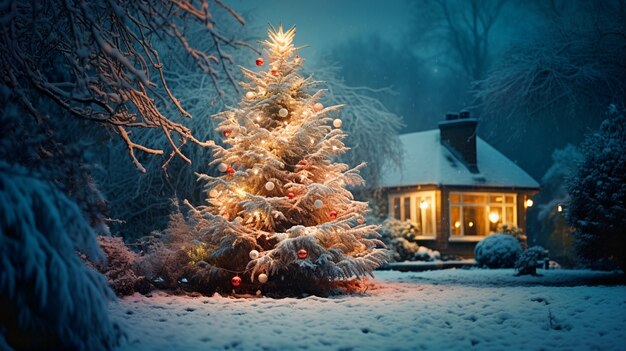 Vista del árbol de Navidad bellamente decorado al aire libre