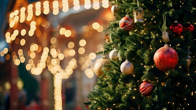 Vista del árbol de Navidad bellamente decorado al aire libre