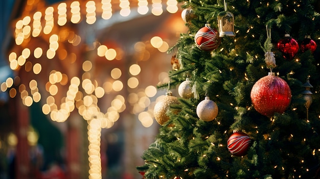 Vista del árbol de Navidad bellamente decorado al aire libre