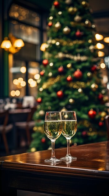 Vista del árbol de Navidad bellamente decorado en el bar o restaurante