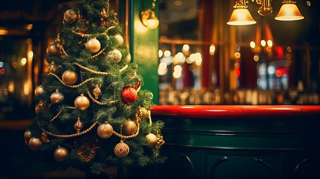 Vista del árbol de Navidad bellamente decorado en el bar o restaurante