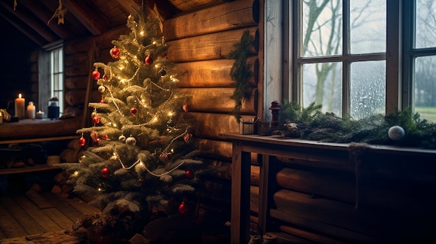 Vista del árbol de navidad bellamente decorado en la cabina