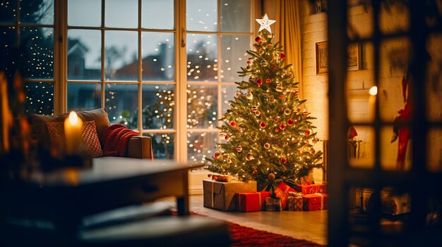 Vista del árbol de Navidad bellamente decorado en casa