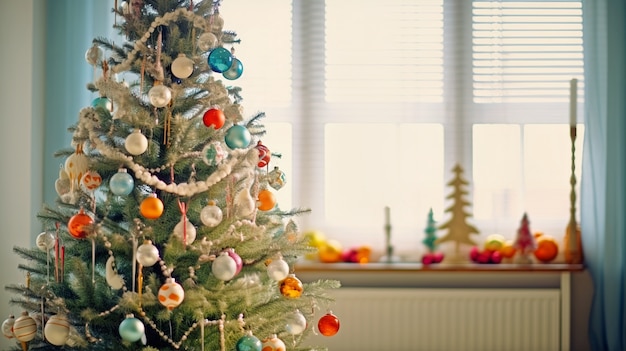 Foto gratuita vista del árbol de navidad bellamente decorado en casa