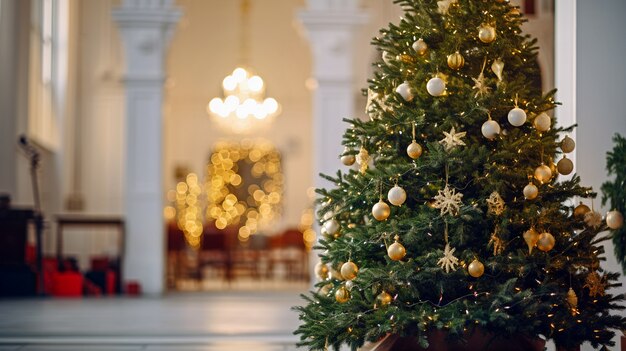 Vista del árbol de Navidad bellamente decorado en casa