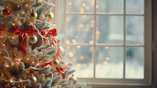 Vista del árbol de Navidad bellamente decorado en casa