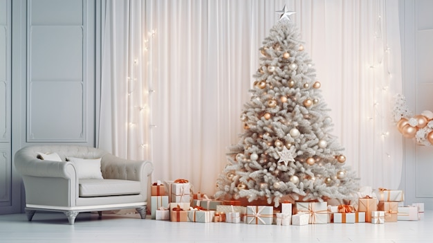 Vista del árbol de Navidad bellamente decorado en casa