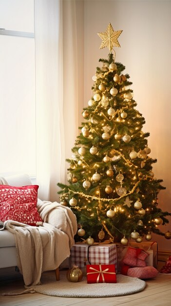 Vista del árbol de navidad bellamente decorado