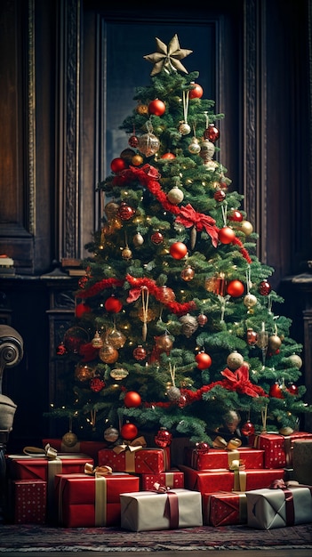 Vista del árbol de navidad bellamente decorado