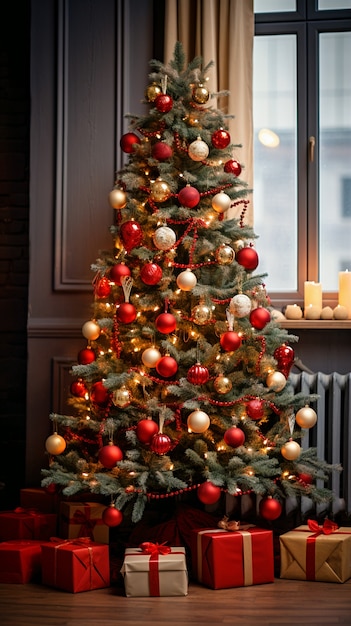 Foto gratuita vista del árbol de navidad bellamente decorado