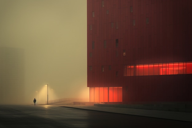 Vista de la arquitectura de la ciudad con niebla