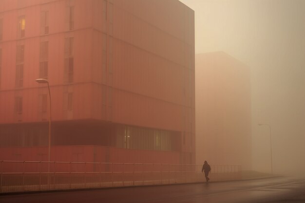 Vista de la arquitectura de la ciudad con niebla