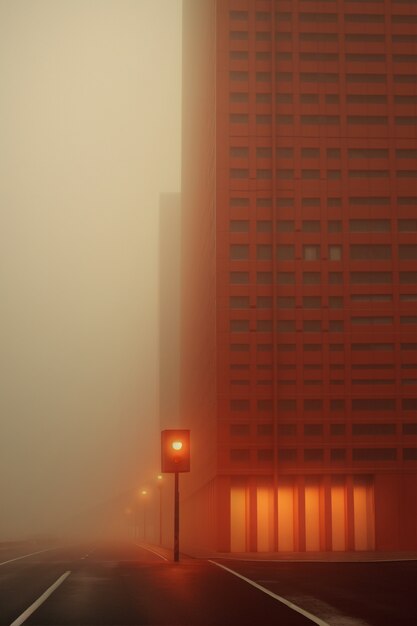 Vista de la arquitectura de la ciudad con niebla