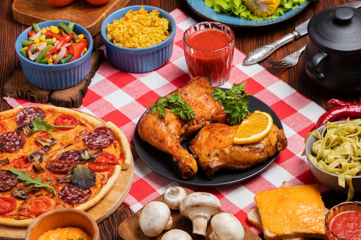Foto gratuito vista de arriba en la mesa llena de comida