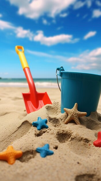 Vista de artículos de verano para la diversión en la playa con cubo y estrellas de mar