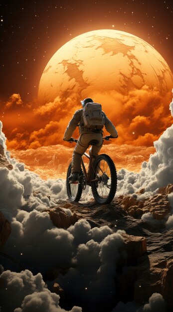 Vista del astronauta andando en bicicleta a través de las nubes en un mundo mítico