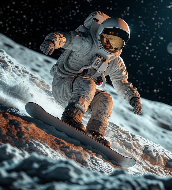 Foto gratuita vista de un astronauta en traje espacial haciendo snowboard en la luna