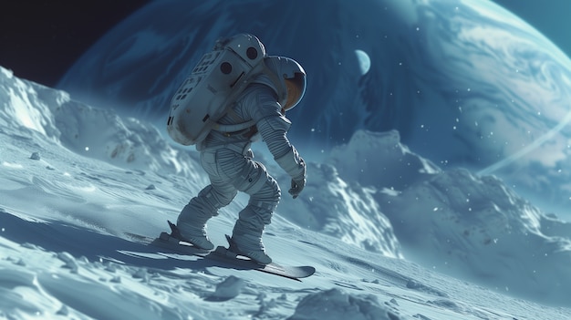 Vista de un astronauta en traje espacial haciendo snowboard en la luna