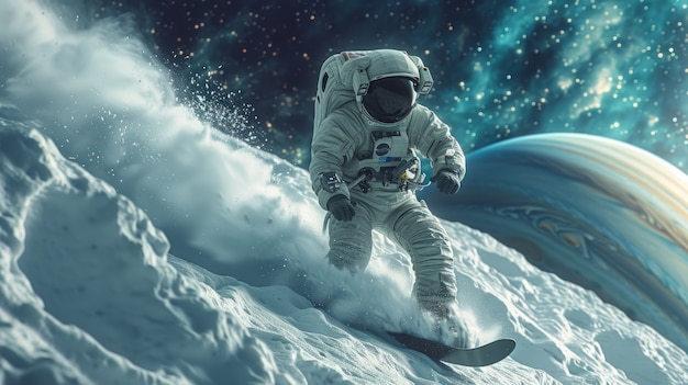 Foto gratuita vista de un astronauta en traje espacial haciendo snowboard en la luna