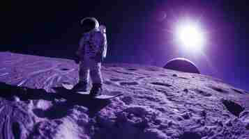 Foto gratuita vista de un astronauta en traje espacial haciendo snowboard en la luna