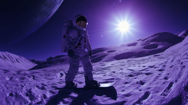 Vista de un astronauta en traje espacial haciendo snowboard en la luna