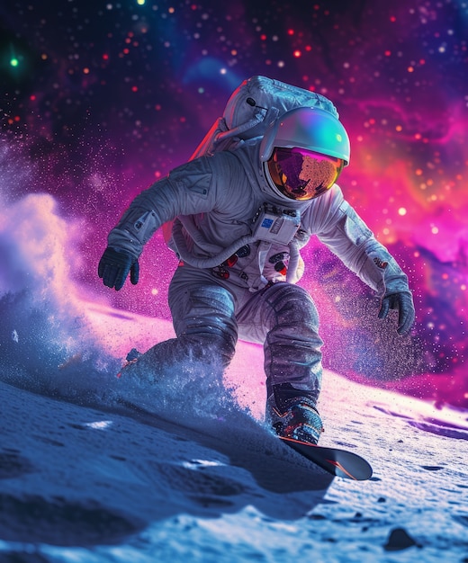 Vista de un astronauta en traje espacial haciendo snowboard en la luna