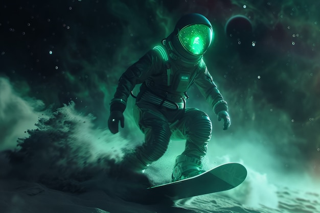 Foto gratuita vista de un astronauta en traje espacial haciendo snowboard en la luna