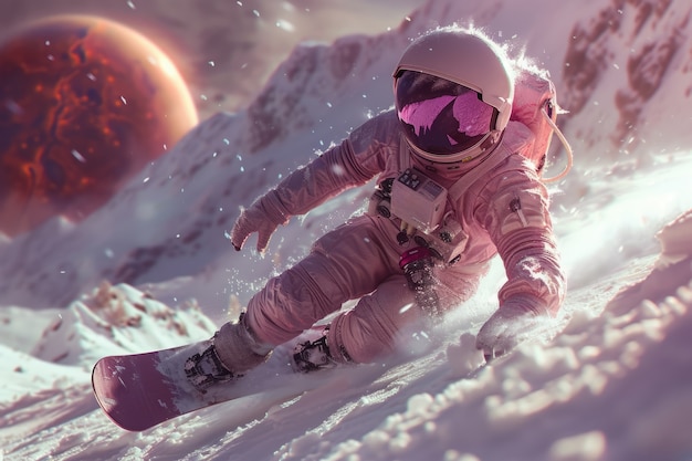 Vista de un astronauta en traje espacial haciendo snowboard en la luna