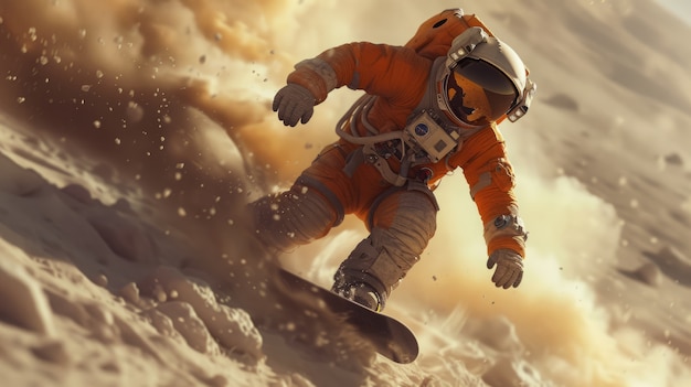 Foto gratuita vista de un astronauta en traje espacial haciendo snowboard en la luna