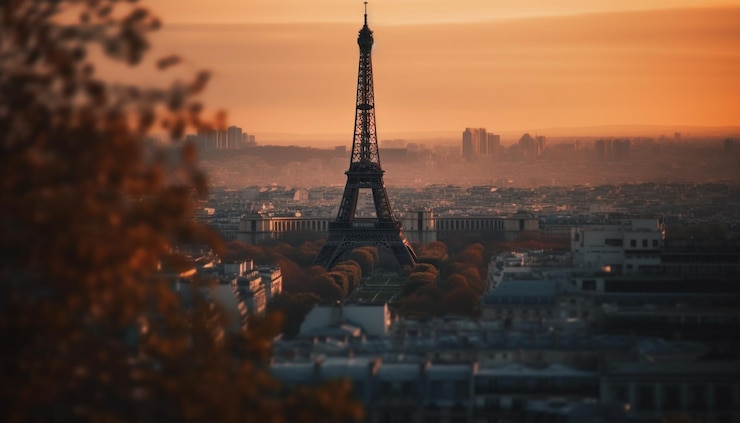 Foto gratuito una vista del atardecer de la torre eiffel desde parís