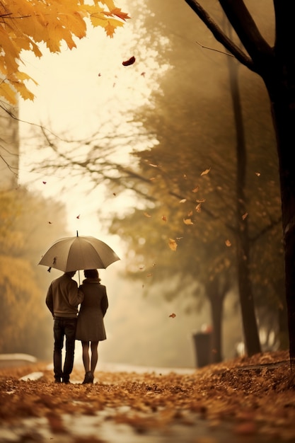 Vista de atrás de una pareja enamorada durante la temporada de otoño