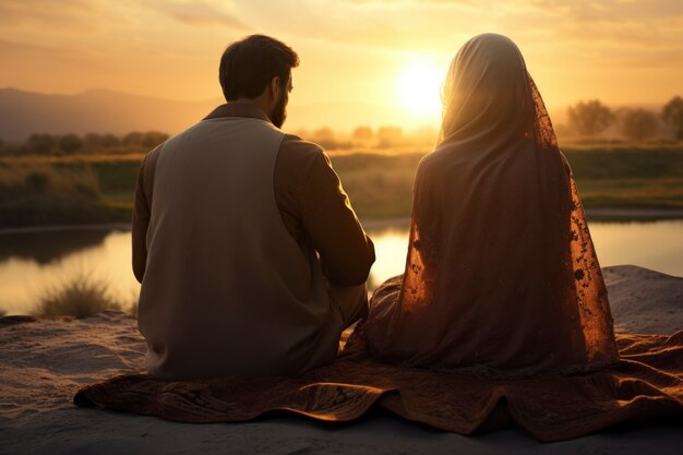 Vista de atrás pareja islámica pasando tiempo juntos