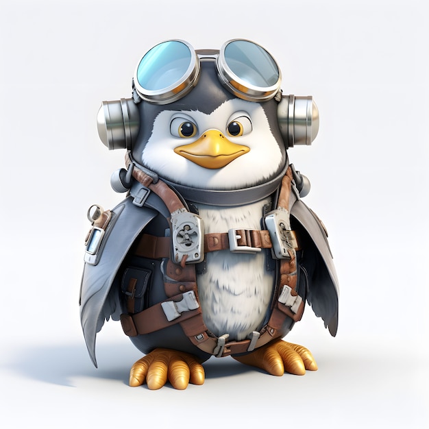 Vista del aviador pingüino animado 3d de dibujos animados