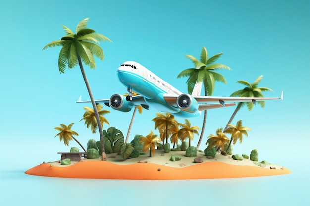 Vista de un avión 3D con el paisaje del destino de viaje