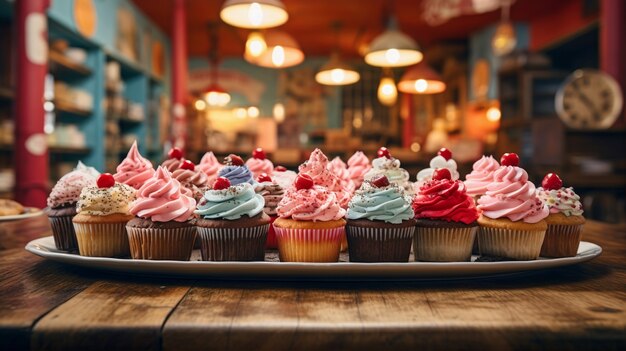 Vista de la bandeja llena de deliciosos y dulces postres de magdalenas