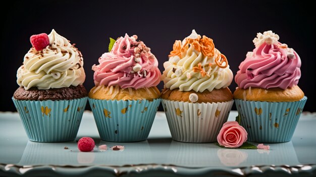 Vista de la bandeja llena de deliciosos y dulces postres de magdalenas