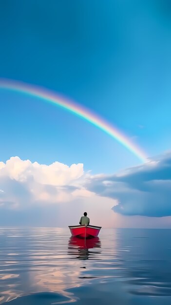 vista, de, barco, en, agua, con, arco iris