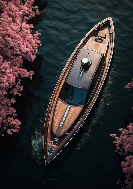 Foto gratuita vista de un barco en el agua con flores