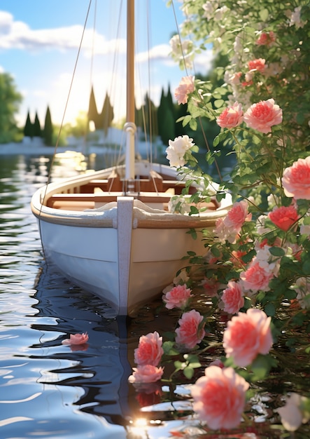 Foto gratuita vista de un barco en el agua con flores