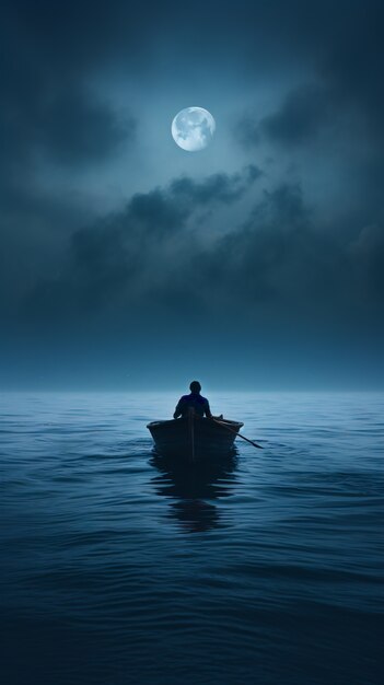 Vista del barco en el agua por la noche