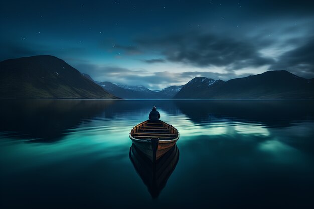 Vista del barco flotando en el agua con paisajes naturales