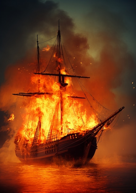 Vista de un barco en llamas