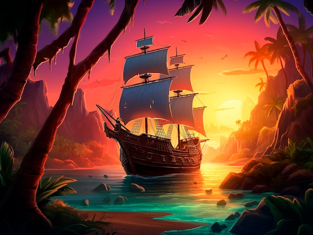 Vista de un barco pirata de fantasía