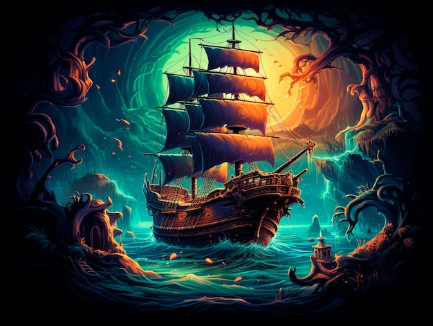 Vista de un barco pirata de fantasía