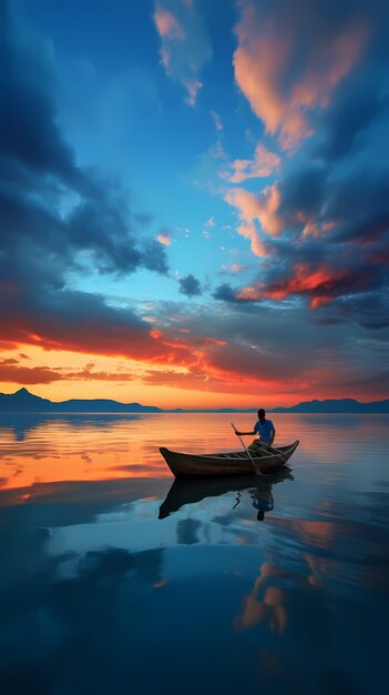 Vista del barco sobre el agua al atardecer