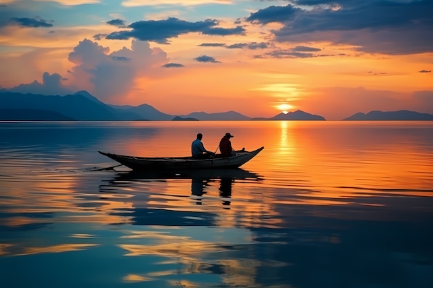 Vista del barco sobre el agua al atardecer