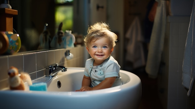 Foto gratuita vista del bebé gracioso en el fregadero del baño