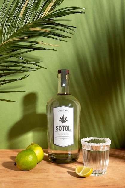 Vista de la bebida sotol mexicana con una botella de vidrio