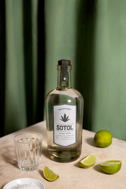 Vista de la bebida sotol mexicana con una botella de vidrio