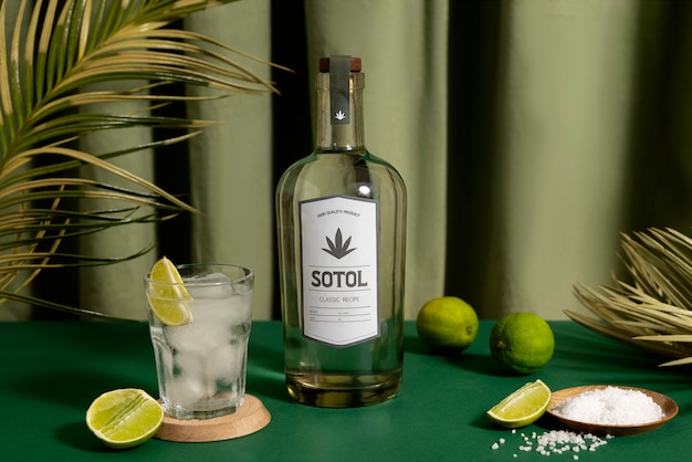 Foto gratuita vista de la bebida sotol mexicana con una botella de vidrio